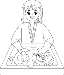 kid washing dish outline coloring