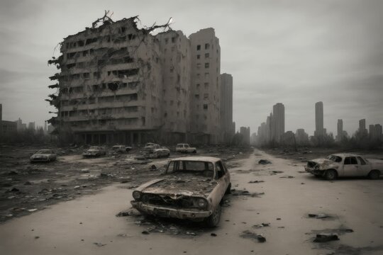 戦争、災害などでボロボロのビルと壊れた車のデストピア世紀末AIイメージ