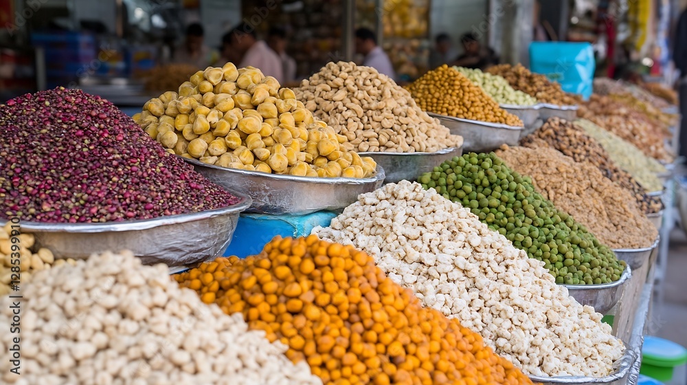 Poster colorful assortment of nuts and spices at a vibrant market stall display : generative ai