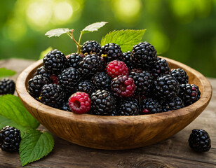 Fresh Blackberries and Raspberries in Rustic Wooden Bowl​​