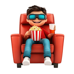 Isolated Kid in Red Armchair Watching Movie with Popcorn