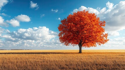 A stunning autumn landscape features a vibrant orange tree against a clear blue sky with fluffy white clouds A golden field stretches endlessly, creating a serene and picturesque scene