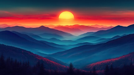 Obraz premium A stunning gradient landscape features layered mountains under a vibrant sunset Warm hues blend beautifully, creating a serene and captivating atmosphere
