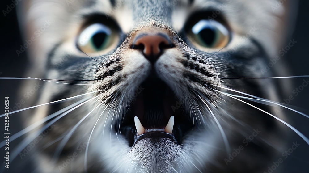 Poster close up of a cat with intense eyes and open mouth captured in stunning detail : generative ai