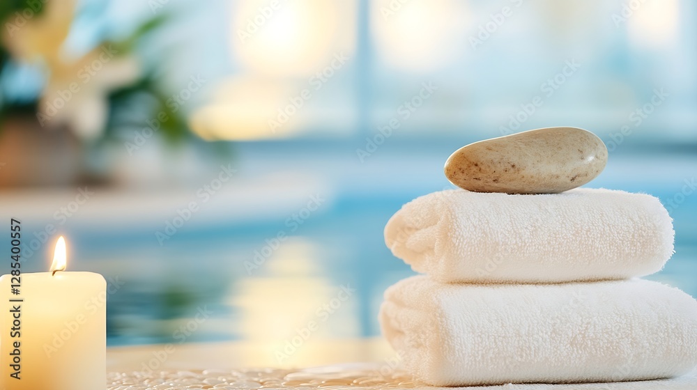 Aufkleber Relaxing Spa Setting with Soft Towels and a Smooth Stone for Calmness and Serenity : Generative AI