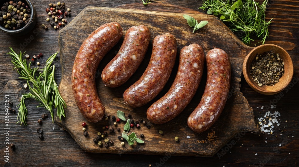 Poster an artistic composition of raw sausages neatly arranged on a rustic wooden surface, with seasonings 