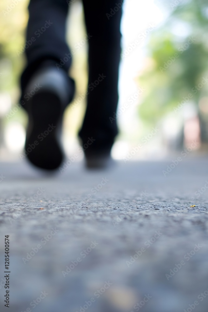 Poster blurred perspective of walking feet on a city pathway during a bright day : generative ai