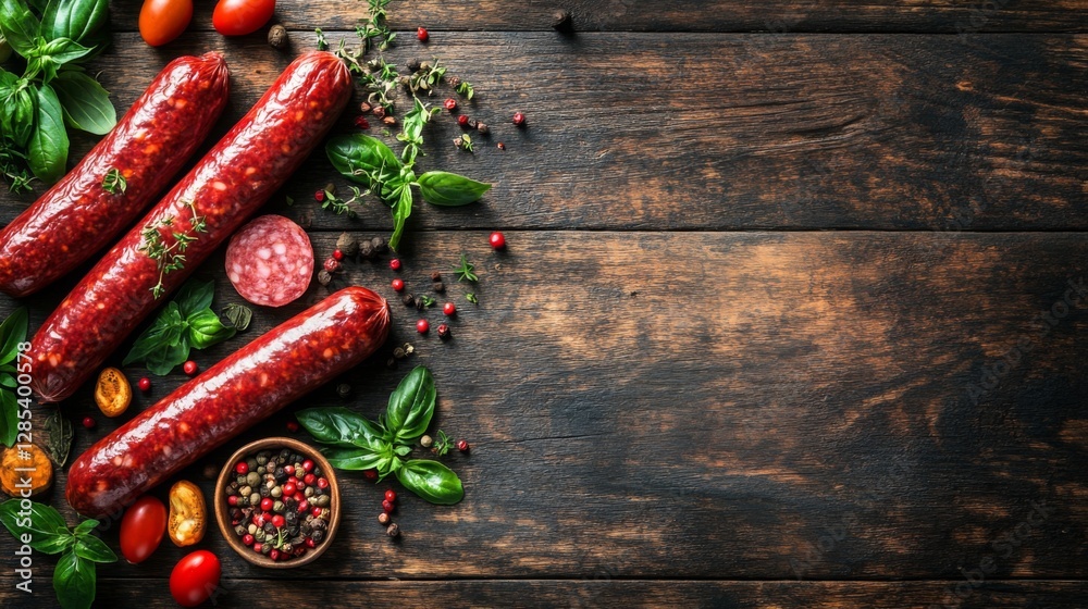 Poster an artistic composition of raw sausages neatly arranged on a rustic wooden surface, with seasonings 