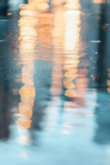 Obraz premium Dramatic Reflections on Wet Pavement with Colorful City Lights Creating Artistic Visuals : Generative AI