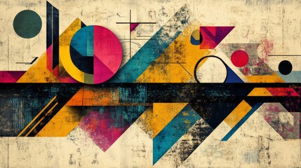 Fototapeta premium An artistic composition of colorful graphic elements, including vector shapes, lines, and icons, layered on a textured background, showcasing creativity