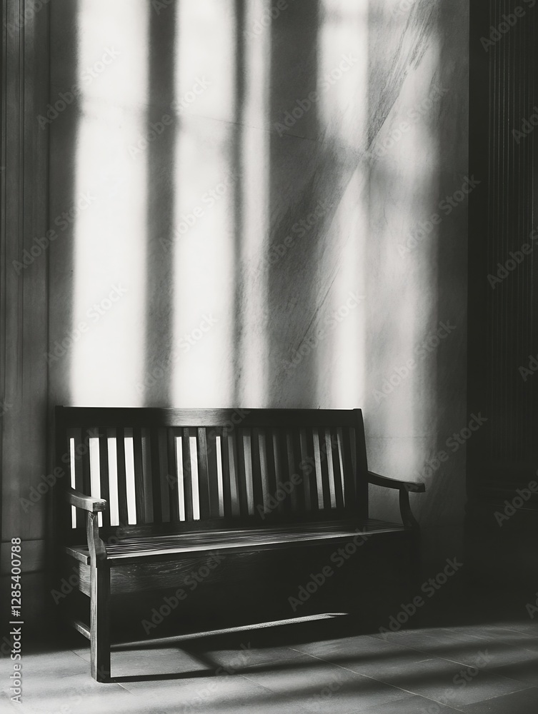 Poster elegant wooden bench with soft shadows creating a serene atmosphere in a quiet indoor space : genera