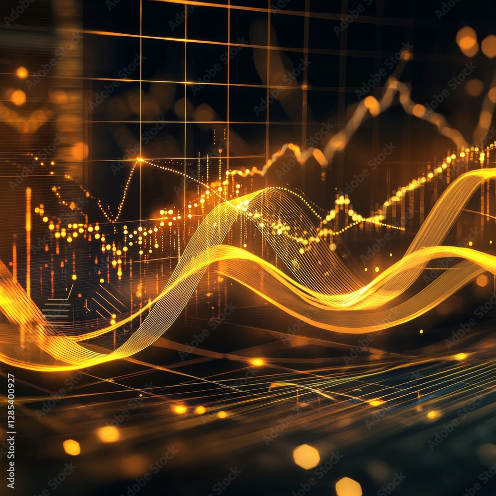 Poster a d-rendered golden stock chart with fluctuating lines and numerical data points