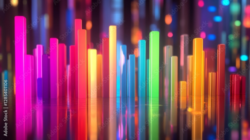 Poster a d bar graph with tall, glossy pillars in various colors rising from a reflective surface, symboliz