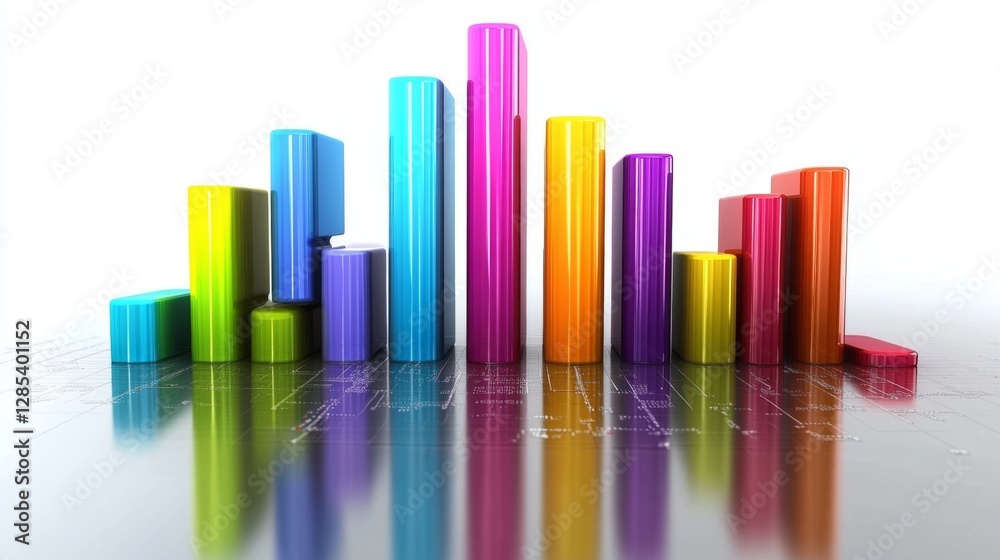 Aufkleber a d bar graph with tall, glossy pillars in various colors rising from a reflective surface, symboliz