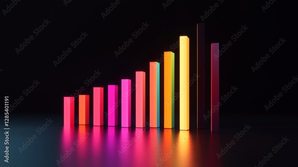 Poster a d financial bar chart with sleek, glowing bars rising dramatically against a dark backdrop, with s