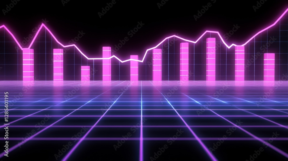 Leinwandbilder A D financial chart with rising columns and a glowing trendline, placed over a sleek digital grid with futuristic design elements
