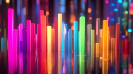 Obraz premium A D bar graph with tall, glossy pillars in various colors rising from a reflective surface, symbolizing financial growth and performance analysis