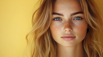A stunning teenage girl with freckles and wavy locks showcases her youthful charm and serene expression against a yellow backdrop.