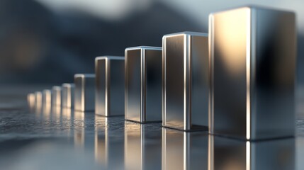 Obraz premium A D stacked bar chart with metallic bars in ascending order, placed on a reflective surface, highlighting financial progress in a clean, minimalist design