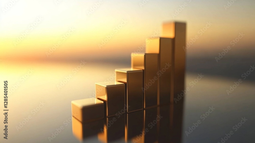 Poster A D stacked bar chart with metallic bars in ascending order, placed on a reflective surface, highlighting financial progress in a clean, minimalist design