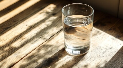 A glass of water on a wooden table, symbolizing simplicity and purity.
