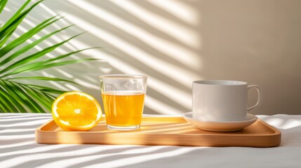 Warm cup of tea and fresh orange half on rustic wooden tray cozy breakfast setting