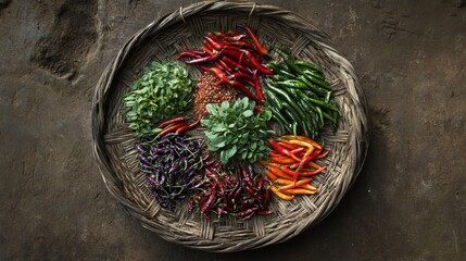 Naklejka premium A beautiful arrangement of different chili varieties on a woven mat, showcasing their unique shapes, colors, and textures, celebrating the diversity of ingredients