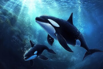 Obraz premium Wild orcas swim gracefully underwater, showcasing mother and baby bonding in the ocean's depths, Wild Orcas Killerwhales mother and baby underwater, aquatic life media