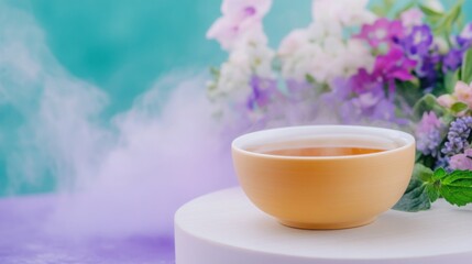 A herbal tea ceremony with aromatic herbs and colorful flowers, steam rising from the cups