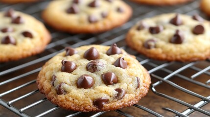 A close-up of a chocolate chip cookie with gooey chocolate chips, fresh out of the oven, set on a cooling rack with a warm, inviting glow