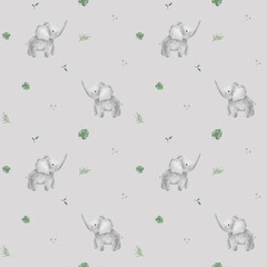 Seamless pattern with leaves monstera and african animals rhinoceros and elephant for children's design. Hand drawn illustration crocodile Cute Print for childish textile design or wallpaper