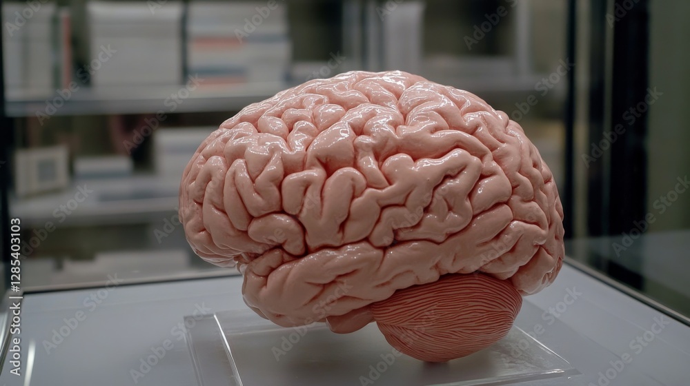 Poster a close-up of a realistic human brain model with detailed folds and ridges, showcasing the intricate