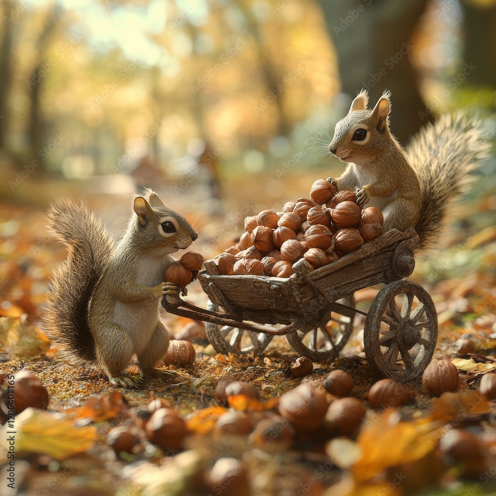 Poster autumn harvest: two adorable squirrels collect nuts in a tiny cart amidst fallen leaves in a sunny f