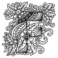 Letter F in ethnic style. Hand drawn vector illustration for coloring book.