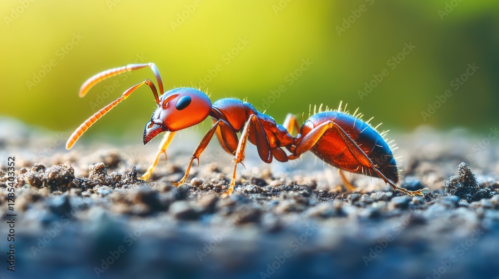 Poster a close-up of a worker ant on a rough surface, capturing the texture of its body and the surface det