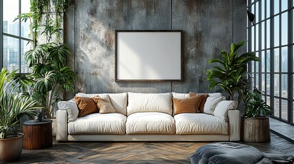 A stylish living room features a modern sofa and an empty frame on the wall, ready for a personal touch