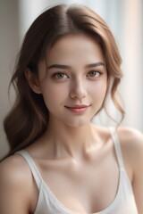 A woman with long brown hair and a white tank top