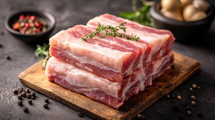 A close-up of raw pork belly with distinct layers of fat and meat, placed on a clean cutting board, ready for preparation, with a minimalist background