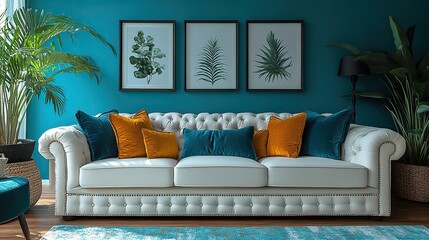 A stylish living room features framed artwork on a turquoise wall, adding a pop of color to the space