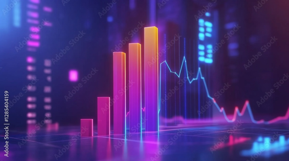 Leinwandbilder A colorful D bar chart with tall, gradient-colored bars rising from a digital financial dashboard, with numbers softly glowing in the background