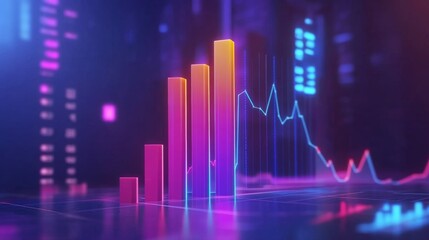 A colorful D bar chart with tall, gradient-colored bars rising from a digital financial dashboard, with numbers softly glowing in the background