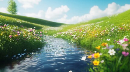 Tranquil Stream Surrounded by Vibrant Wildflowers Under a Bright Sky in a Peaceful Meadow During Springtime