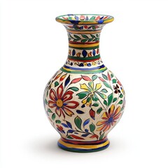 A colorful, hand-painted vase with intricate patterns, filled with vibrant flowers