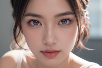Naklejka premium A woman with blue eyes and a pinkish tint to her lips