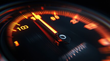 Close-up of a Speedometer Needle at 100, Illuminated in Orange and Red, Highlighting Speed and Performance