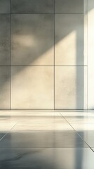 Soft Sunlight Illuminates a Minimalist Interior With a Potted Plant and Shadow Patterns on the Wall During Afternoon Hours