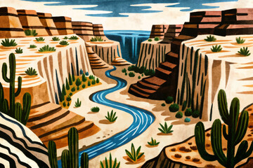 hot canyon desert with river landscape abstract cartoon illustration