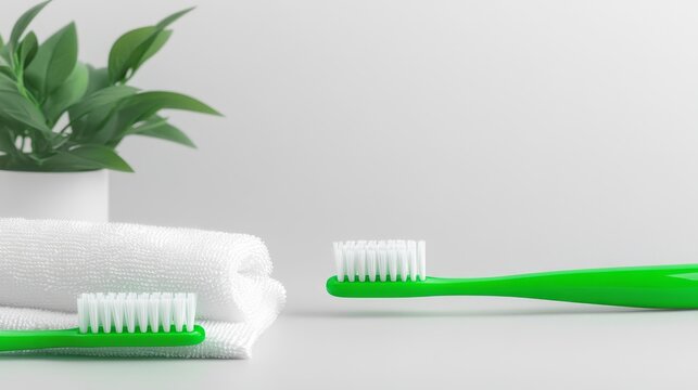 Closeup of green toothbrush on freshly folded white towel simple still life
