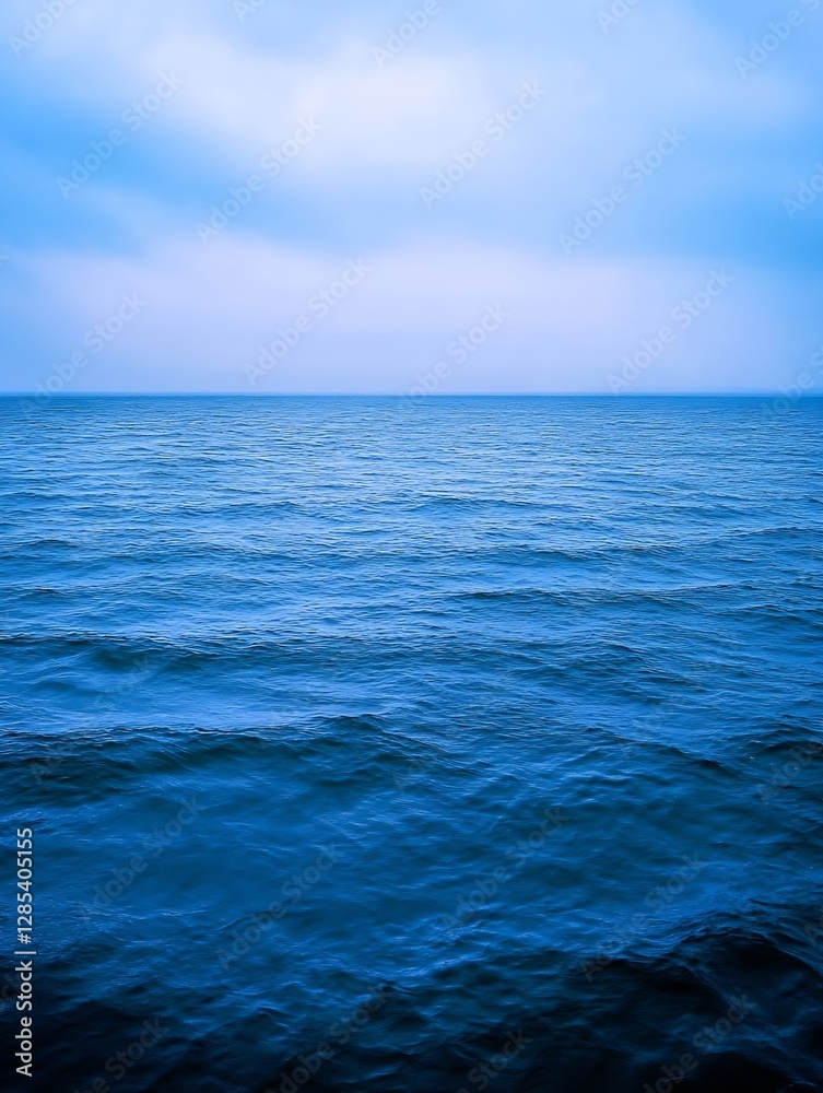 Poster Serene view of calm blue ocean water with subtle waves under a cloudy sky in the evening : Generative AI