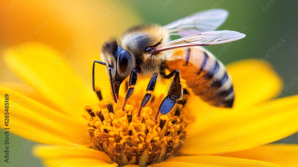 Poster a detailed image of a honeybee collecting nectar from a bright flower, with pollen visible on its le